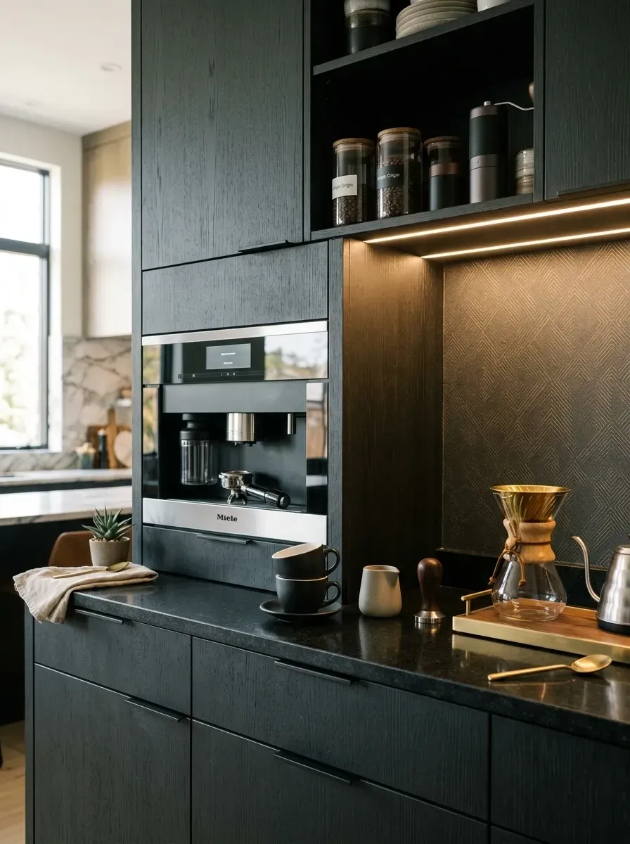Dedicated coffee station with built-in Miele coffee machine, dark stained wood cabinetry, soapstone countertop, and integrated under-cabinet LED lighting