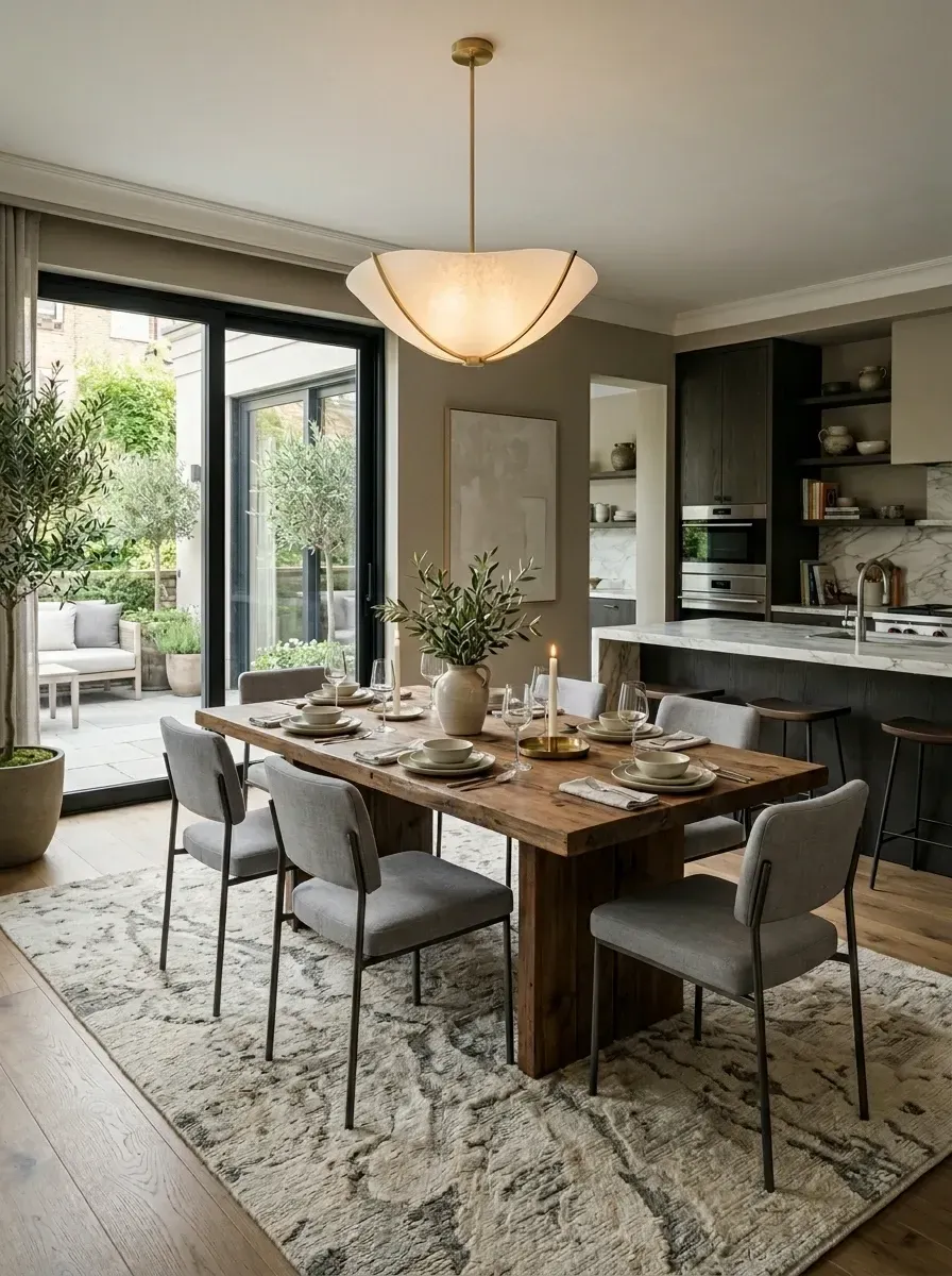 Quiet luxury dining area with large sliding glass doors, reclaimed wood dining table, upholstered chairs, indoor olive trees, and textured area rug